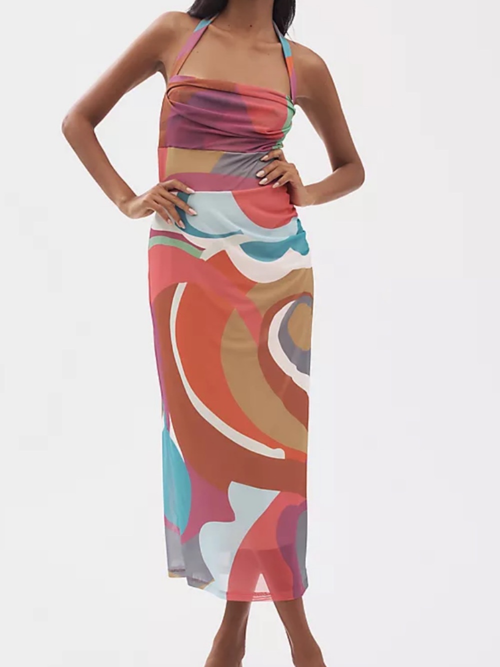 Multi-Color Abstract Halter Midi Dress